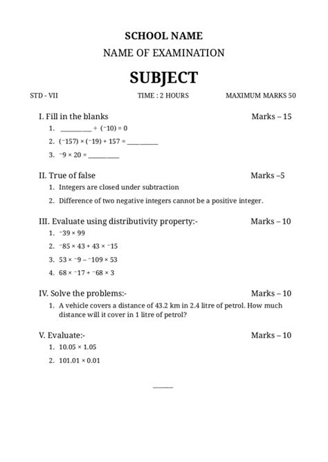 School Unit Test English Question Paper Cdr Format