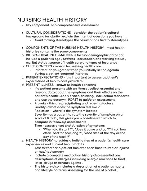 Nursing Health History NURSING HEALTH HISTORY Key Component Of A