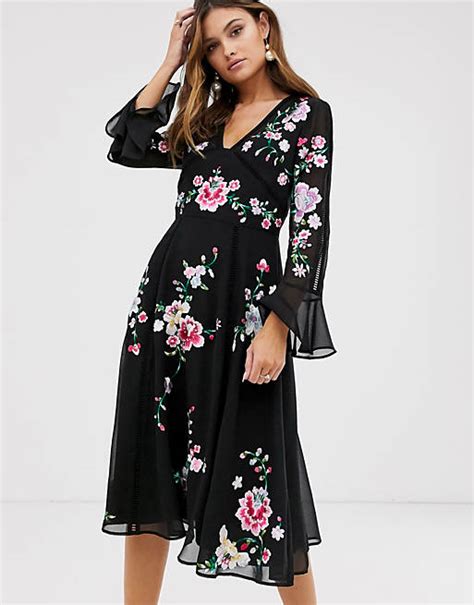 Asos Design Embroidered Midi Dress With Lace Trims In Black Asos
