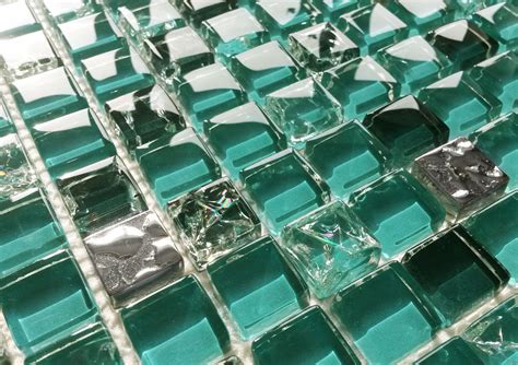 Teal Turquoise Green And Silver Crackle Glass Square Mosaic Tiles 8mm