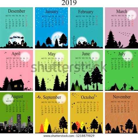 Calendar 2019 Silhouette Illustration Seasons Stock Vector Royalty