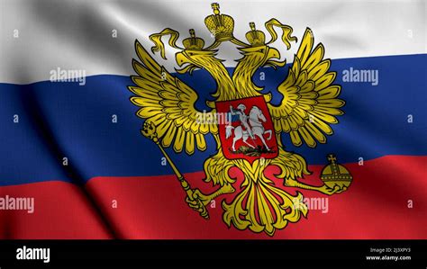 Russian Satin Flag With Coat Of Arms Of Russia Waving Fabric Texture