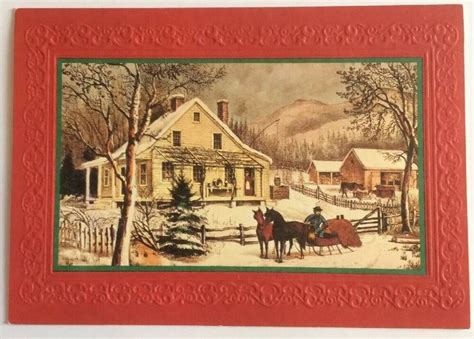 Vtg Red Currier And Ives Christmas Card Old Farm House Harry T Peters
