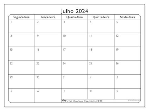 Calendário De Julho De 2024 Para Imprimir “74sd” Michel Zbinden Pt