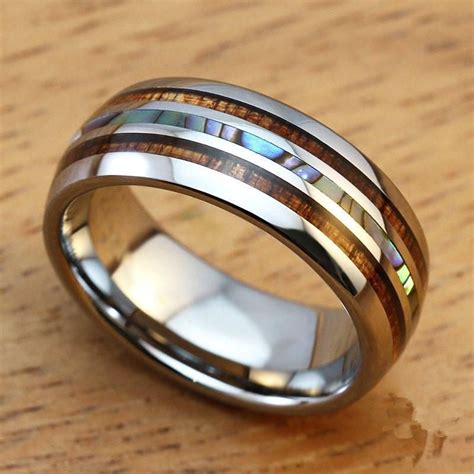 Our Stunning Mens Titanium Ring With Real Koa Wood And Abalone Shell