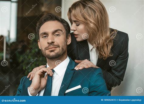 Passionate Couple Flirts At Work Office Romance Concept Caucasian Man