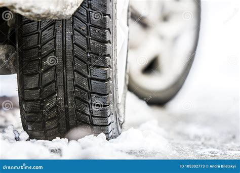 Close Up Of Car Wheel In Winter Tire On Snowy Road Stock Image Image
