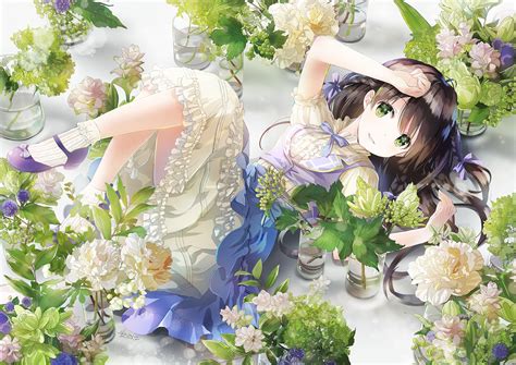 Download 1754x1240 Anime Girl Lying Down Flowers Vase