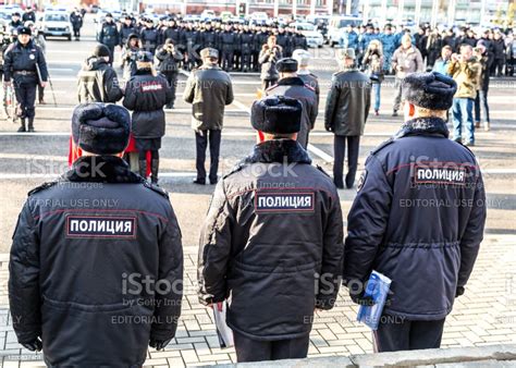 Russian Police Forces In Uniform On The Kuibyshev Square Text In