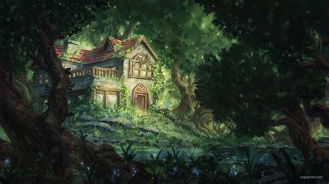 An Old House In The Woods With Trees Around It And Bushes Growing On