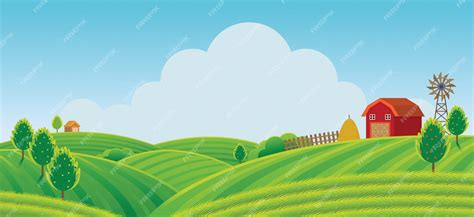 Premium Vector Farm On Hill With Green Field Background Agriculture