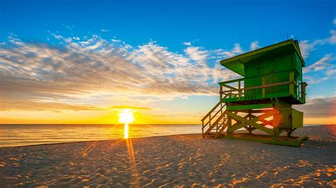 Famous Miami South Beach Sunrise With Lifeguard Tower Florida Usa
