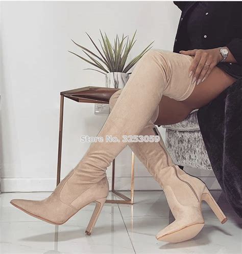 Almudena Ladies Beige Grey Black Suede Chunky Heels High Boots Pointed Toe Zipper Over The Knee