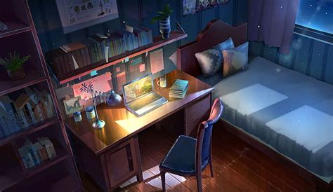 Hd Wallpaper Anime Original Bed Chair Computer Night Room