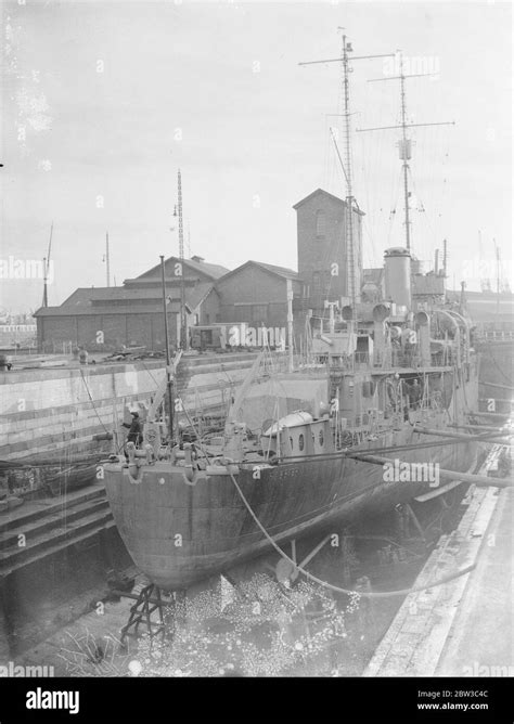 hms harrier the new british halcyon class minesweeper nearly completed in the dry dock at