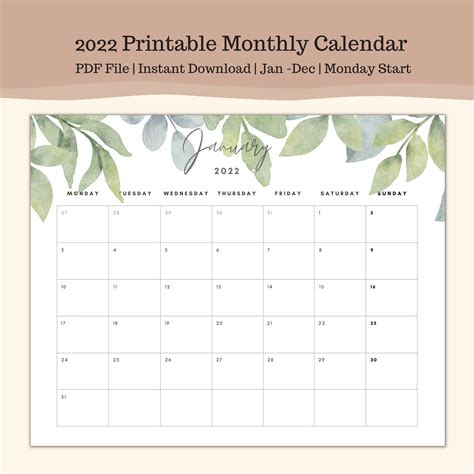 2022 Monthly Calendar Printable Landscape Calendar Template