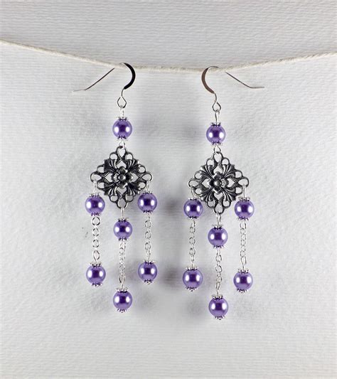 Chandelier Earrings Handmade Purple Glass Bead Earrings Silver Chain