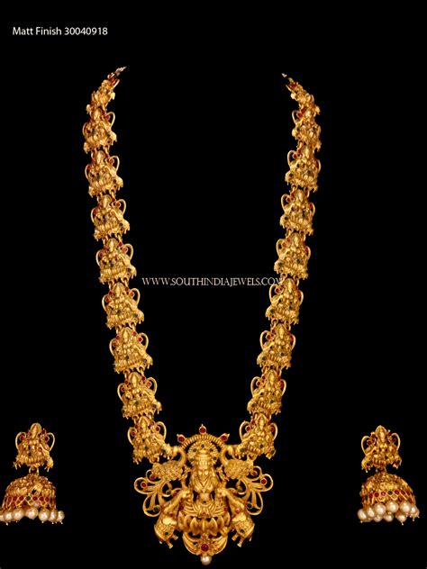 gold plated long lakshmi necklace with jhumka south india jewels