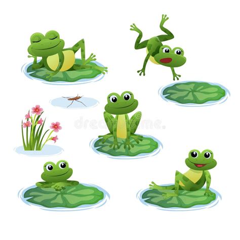 Cute Frogs Green Funny Frogs In Various Poses Happy Animals Group