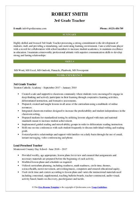 3rd Grade Teacher Resume Samples Qwikresume