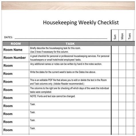 Printable Housekeeping Weekly Checklist Editable PDF Personal