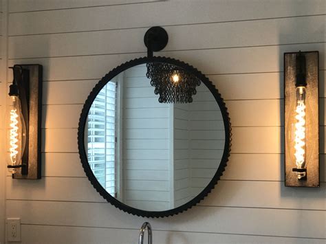 Overhead lighting adds shadows when applying makeup. Bathroom Rustic Lighting | Mirror, Beautiful bathroom ...