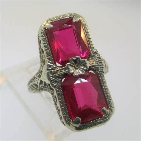 Vintage Art Nouveau 14k White Gold Created Ruby Filigree Ring Size 5