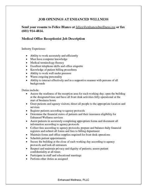 A proven job specific resume sample for landing your analyze the description of the job you want. Medical Office Front Desk Job Description | Receptionist ...
