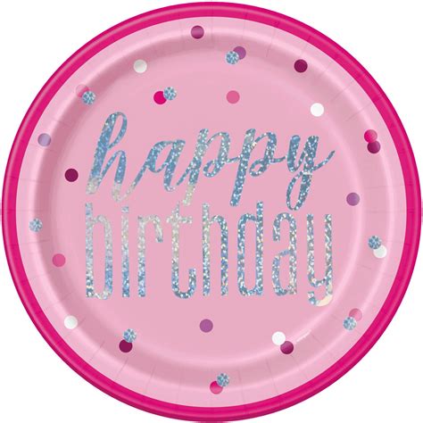Pink Glitz Happy Birthday Foil Printed 9 Plates 8pk