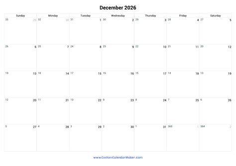 December 2026 Remaining Days Calendar