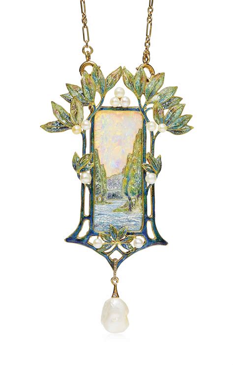 An Art Nouveau Opal Enamel And Pearl Pendent Necklace By Georges