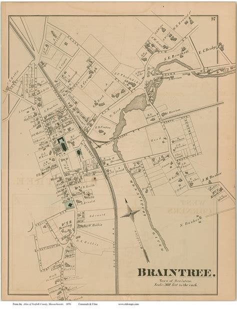 Braintree Village Massachusetts 1876 Old Town Map Reprint Norfolk Co