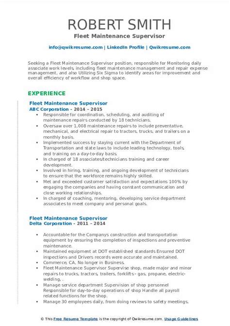 Having (and clearly showing) you have these skills, which increases your. Fleet Maintenance Supervisor Resume Samples | QwikResume