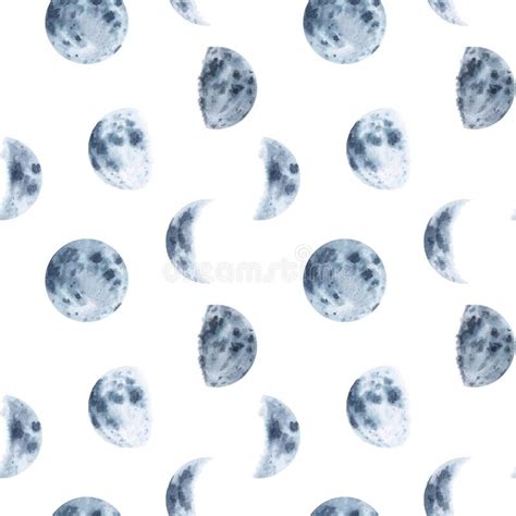 Watercolor Hand Drawn Moon Phases Seamless Pattern Isolated On White