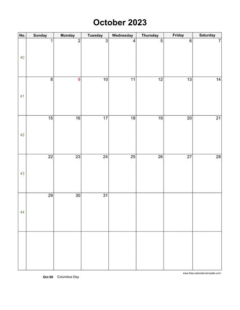 2023 October Calendar Blank Vertical Template Free Calendar