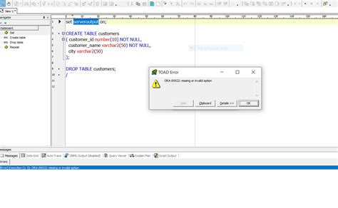 Sql Error Execution 1 5 Ora 00922 Missing Or Invalid Option Set