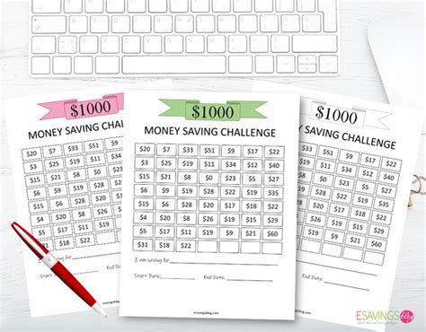 1000 Money Saving Challenge Printable Sheets Esavingsblog Digital Shop