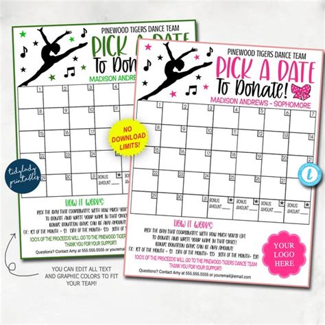 Editable Dance Pick A Date To Donate Printable Girls Dance Fundraiser