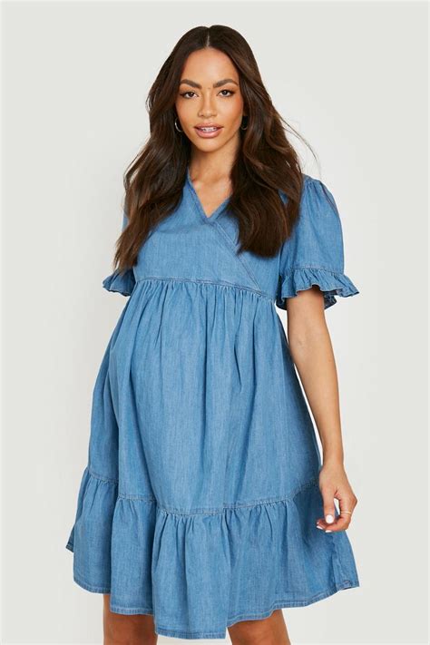 Maternity Wrap Frill Sleeve Tiered Smock Dress Boohoo