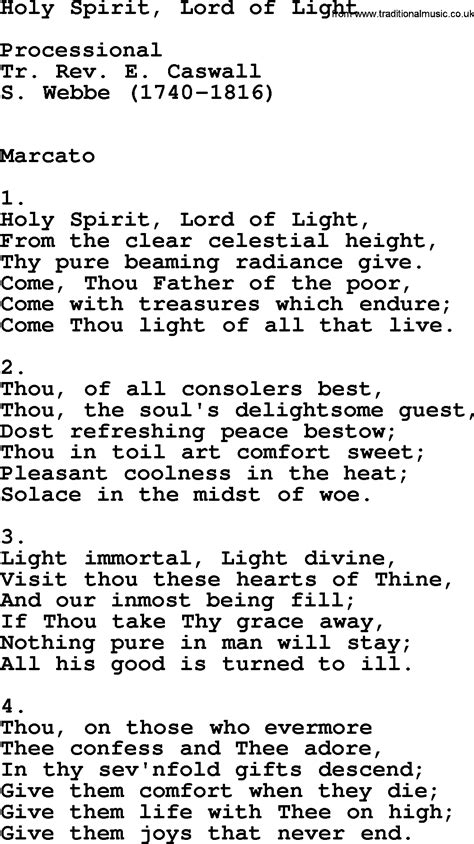 Catholic Hymns Song Holy Spirit Lord Of Light Lyrics And Pdf