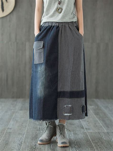 Blue Ankle Length Straight Slow Life Denim Striped Skirt Style V101752