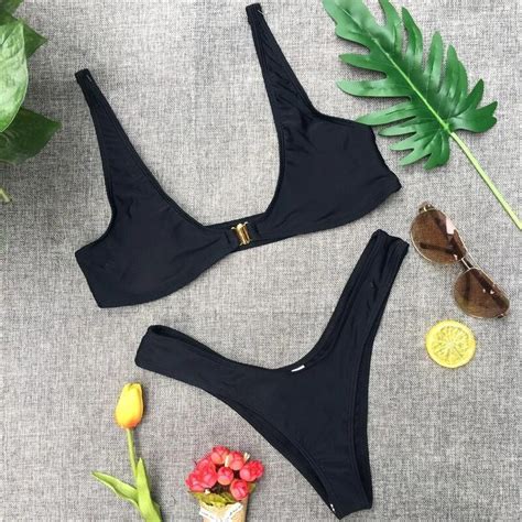 2019 Swimwear Women Lock Buckle Bikini Set Solid Colors Swimsuit Sexy