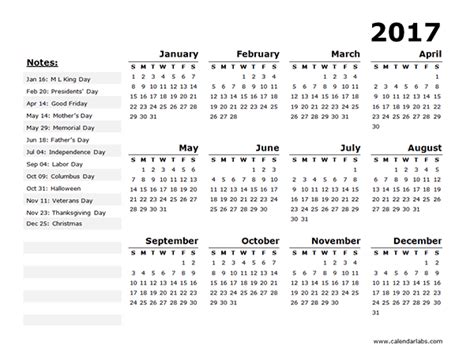 2017 Calendar With Holidays Templates Free Printable Gambaran