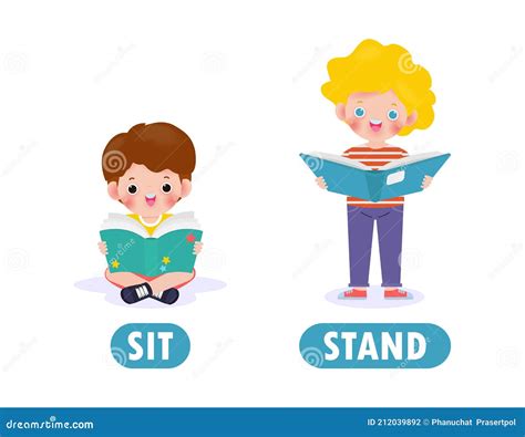 Opposite Sit And Stand Words Antonym For Children With Cartoon