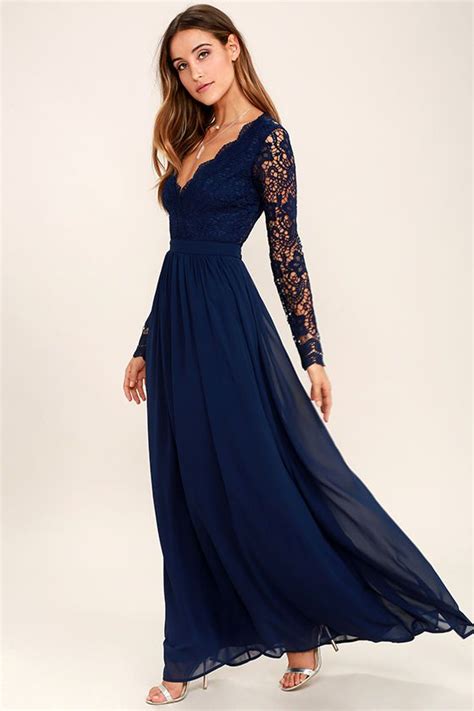 Awaken My Love Navy Blue Long Sleeve Lace Maxi Dress