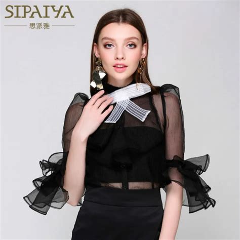 New Women Blouses 2018 Summer Runway Sexy See Through Bow Designer