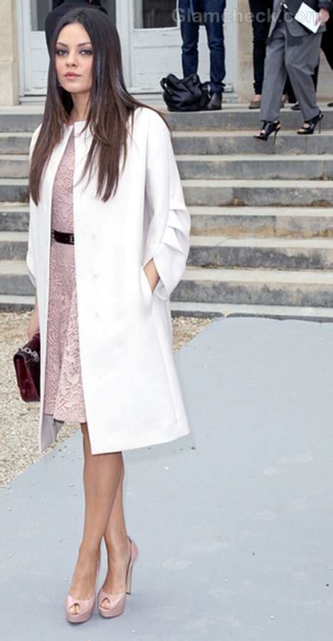 Mila Kunis In Pale Pink Lace Dress At Paris Fashion Week