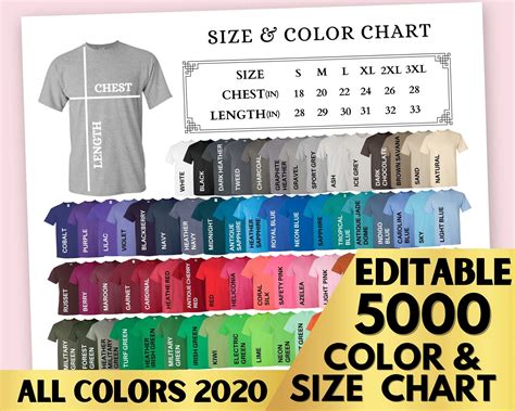Gildan 5000 Color And Size Chart MockUp Shirt Gildan 5000 Etsy