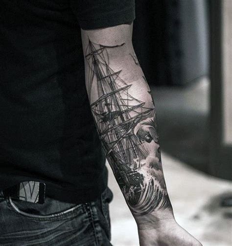 Mens Sweet Sailing Ship With Ocean Waves Inner Forearm