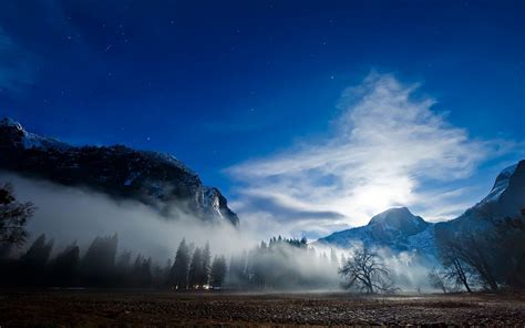 Nature Landscape Stars Sky Moon Mist Snowy Peak Trees Moonlight